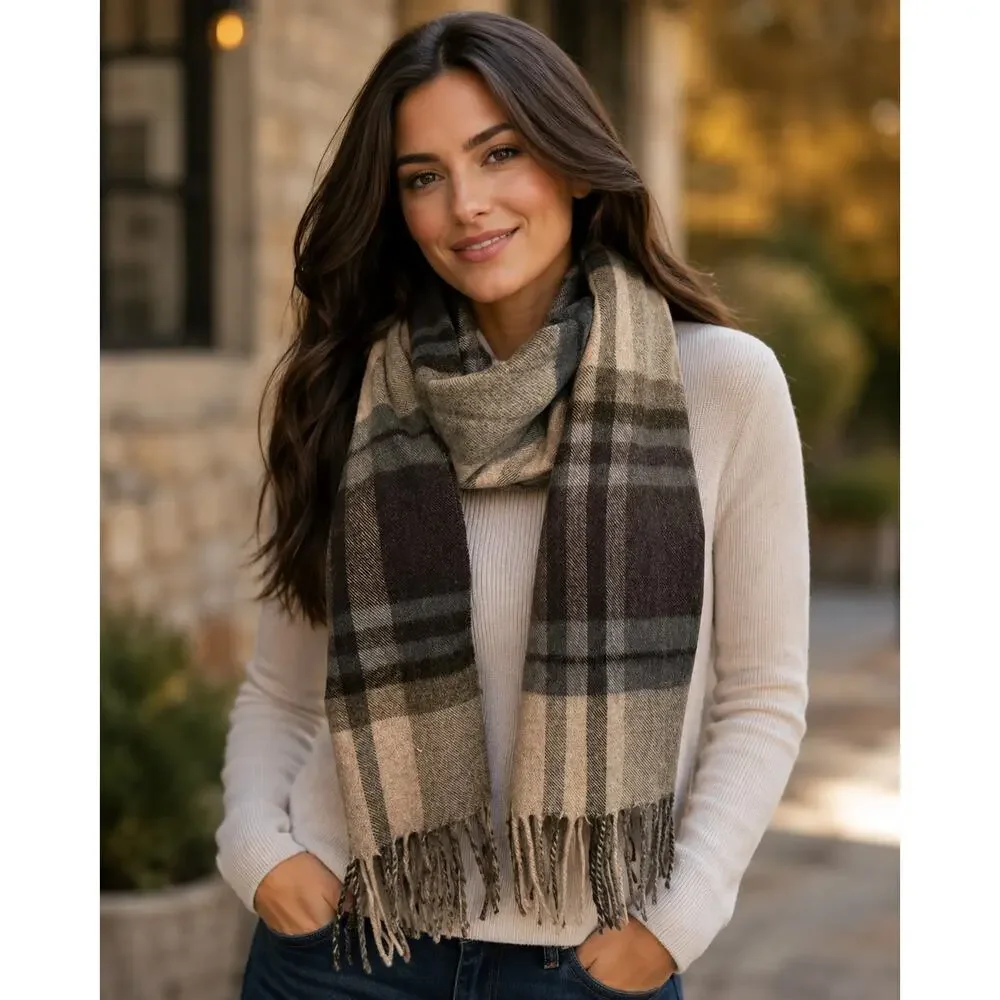 V. Frass Cashmink Gray Plaid Scarf Fringed Warm Cozy Preppy Classic Heritage